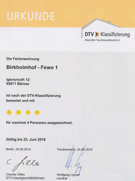 DTV-Klassifizierung: 5-Sterne Ferienwohnung am Birkholmhof