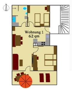 Grundriss der Ferienwohnung 1 mit Terrasse und Zugang zum Garten und Naturpool